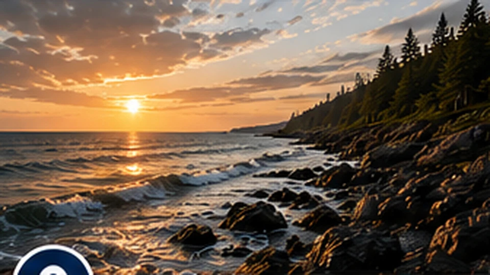 Rocky shoreline fishing location at sunset